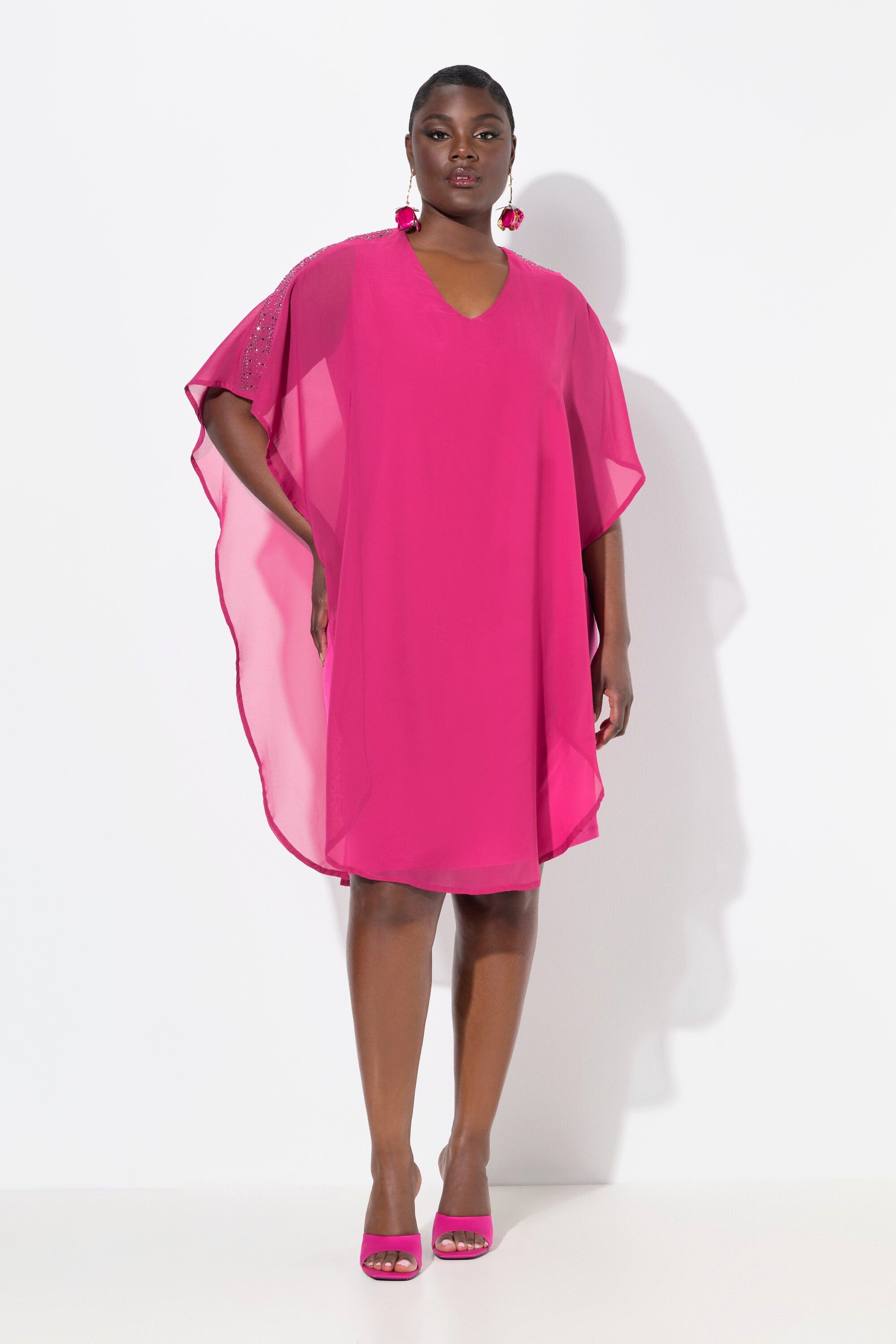 Ulla Popken Cocktailkleid Chiffonkleid doppellagig V-Ausschnitt günstig online kaufen