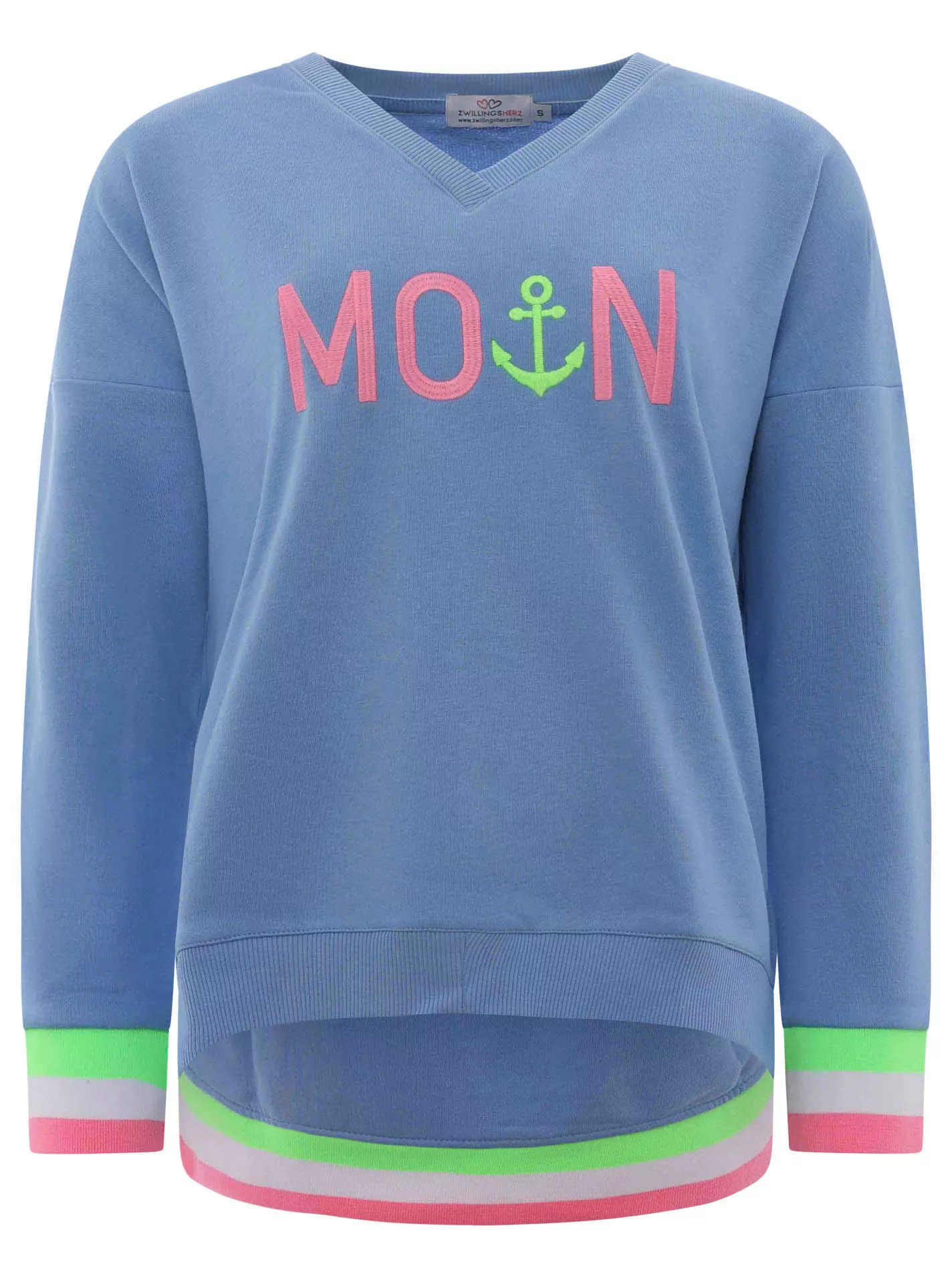 Zwillingsherz Sweatshirt mit V-Ausschnitt und aufgesticktem "Moin" in Neonf günstig online kaufen