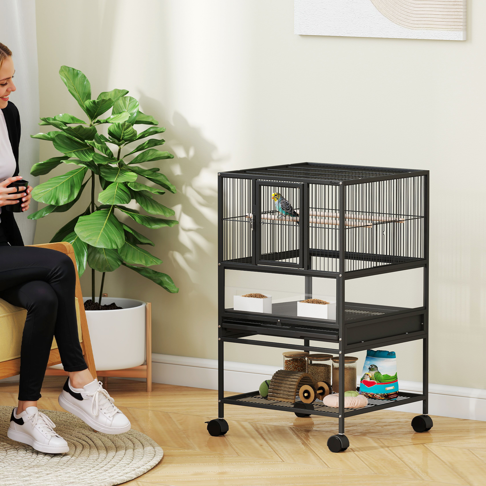 PawHut Vogelkäfig mit Rädern und unterem Regal, herausnehmbares Tablett und günstig online kaufen