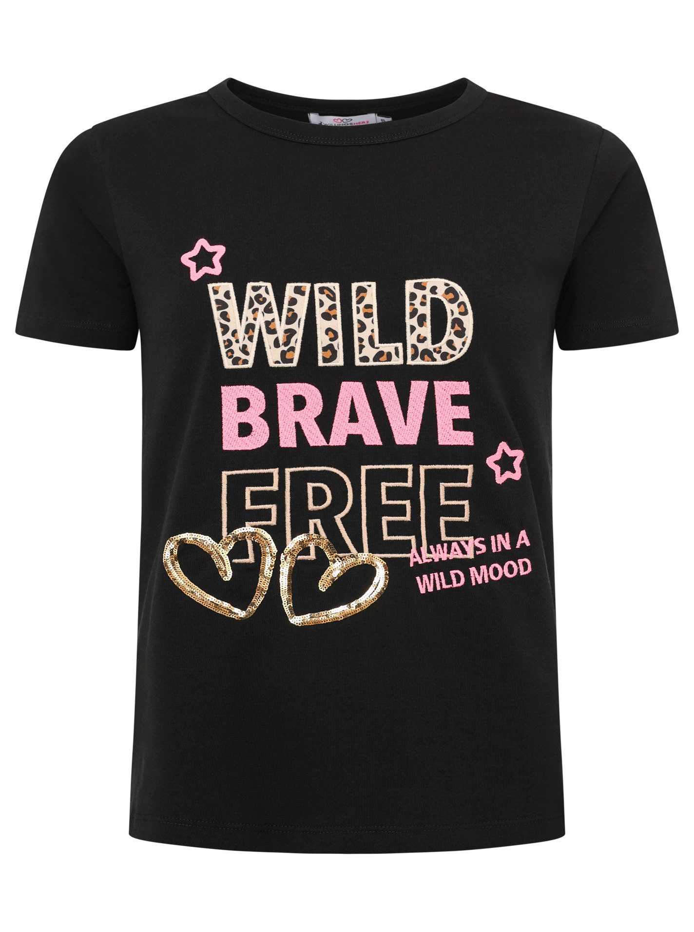 Zwillingsherz T-Shirt ""Wild Brave Free"", Leo-Muster, Pailletten, Kurzarm, günstig online kaufen