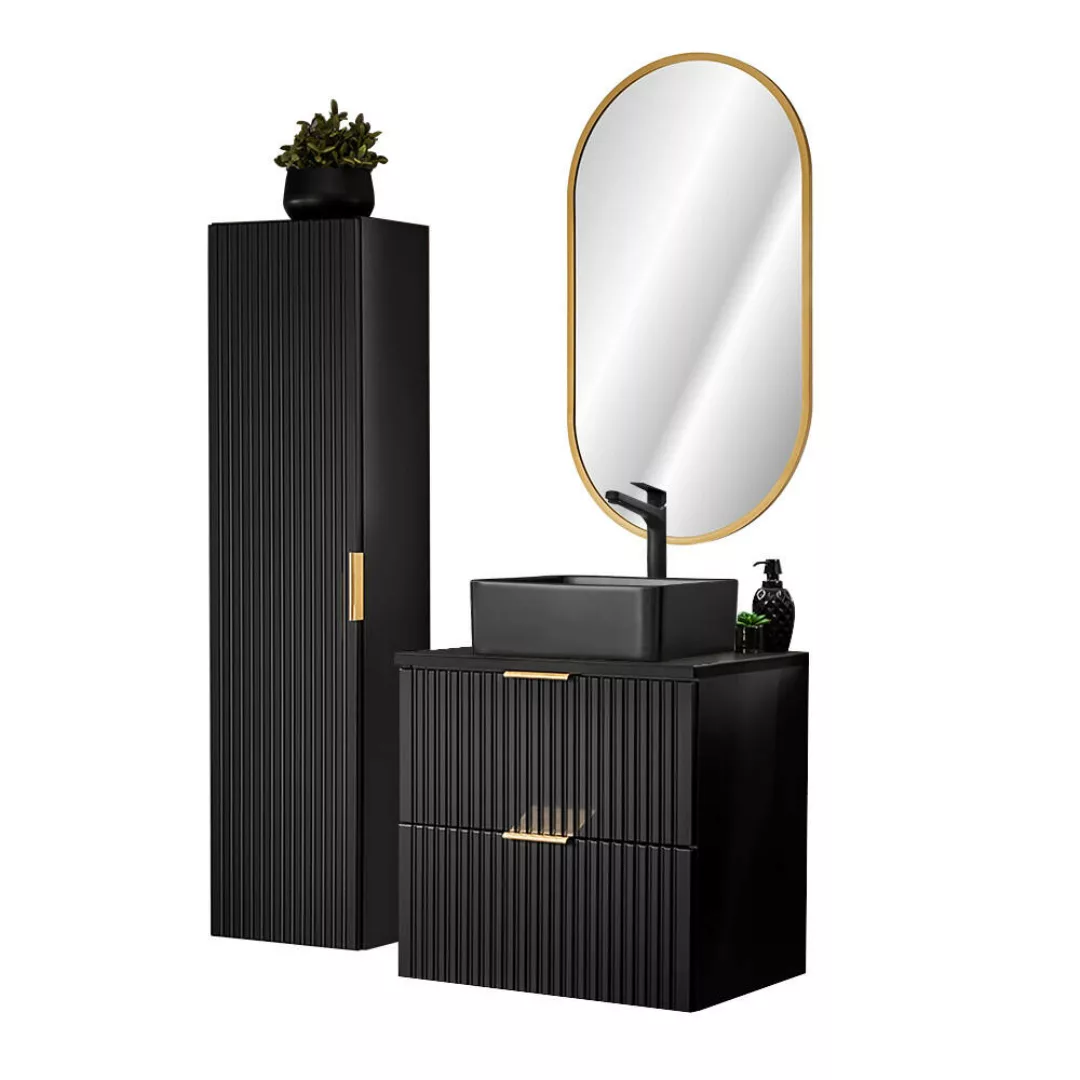 Badmöbel Set mit schwarzem Keramik Waschbecken und LED Spiegel, matt schwar günstig online kaufen