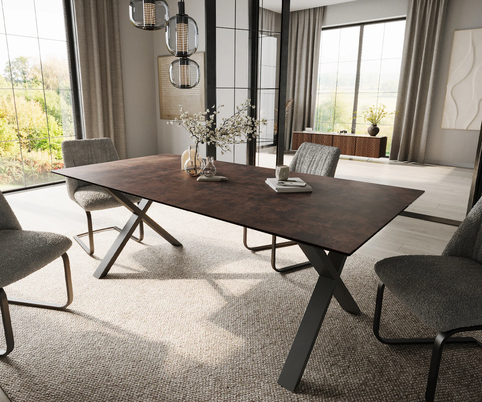 Esstisch Edge 200x100 Glas Antique-braun X-Gestell Metall Schwarz günstig online kaufen