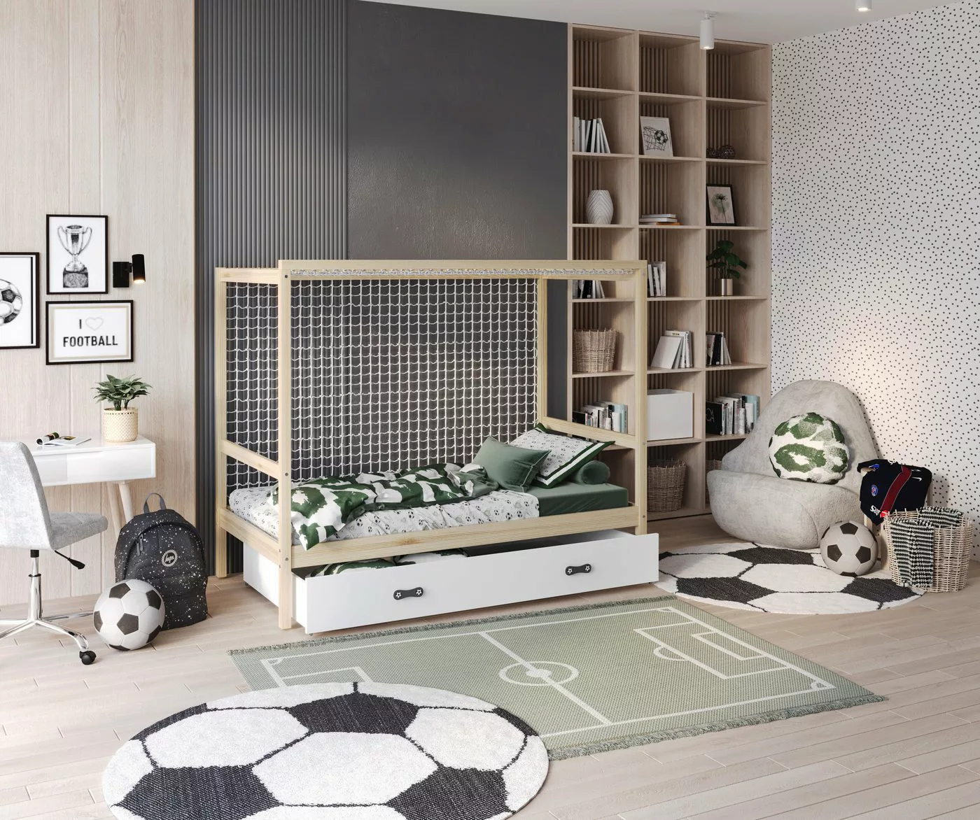 AJKmeble Jugendbett Fussball Fußball Tor ohne Netz Kinderbett 80x160cm Natu günstig online kaufen