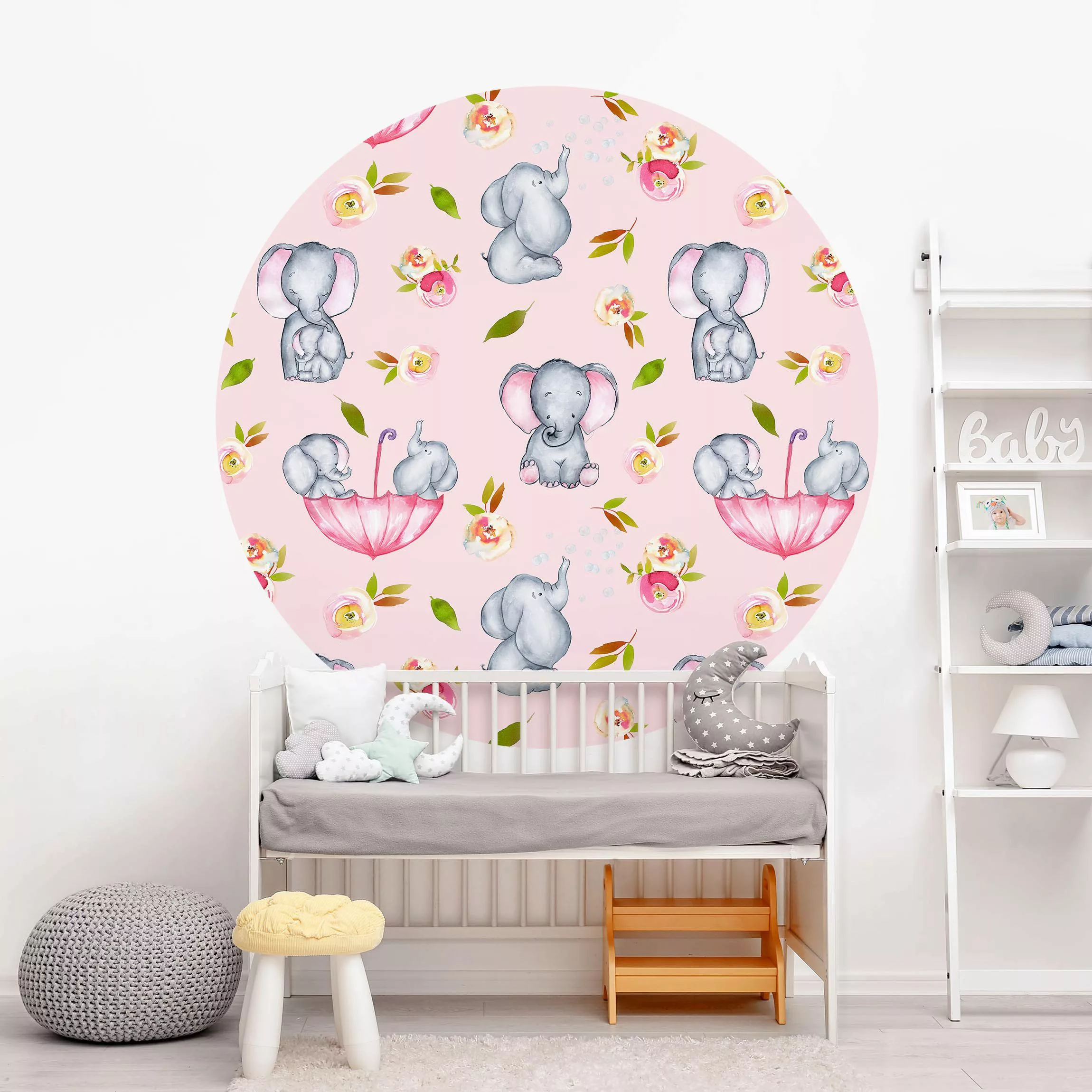 Bilderwelten Runde Tapete selbstklebend Kinderzimmer Elefanten mit Blumen v günstig online kaufen