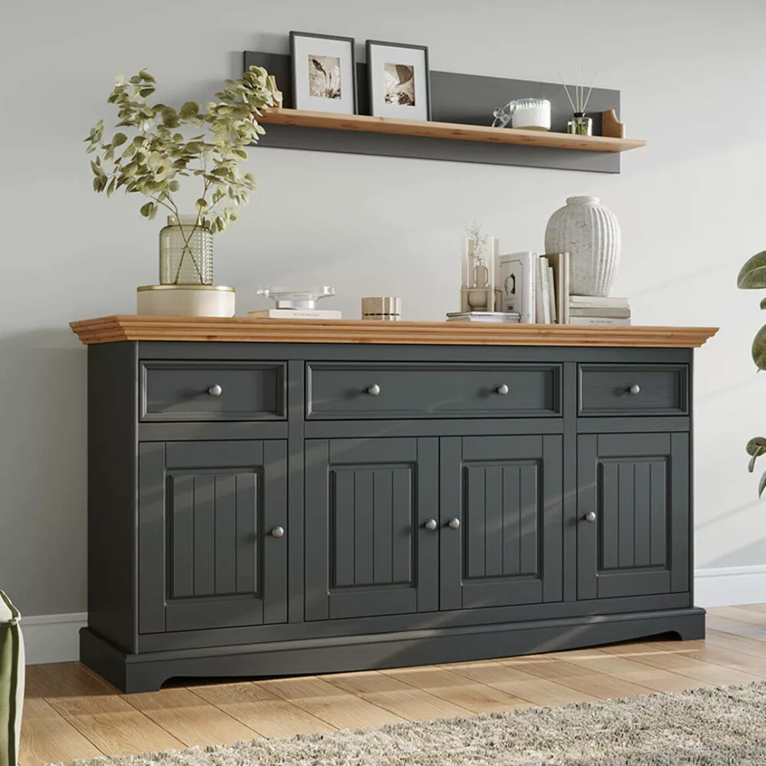 Wohnzimmer Sideboard mit Wandboard, Massivholz in grau mit Kiefer Optik BOR günstig online kaufen