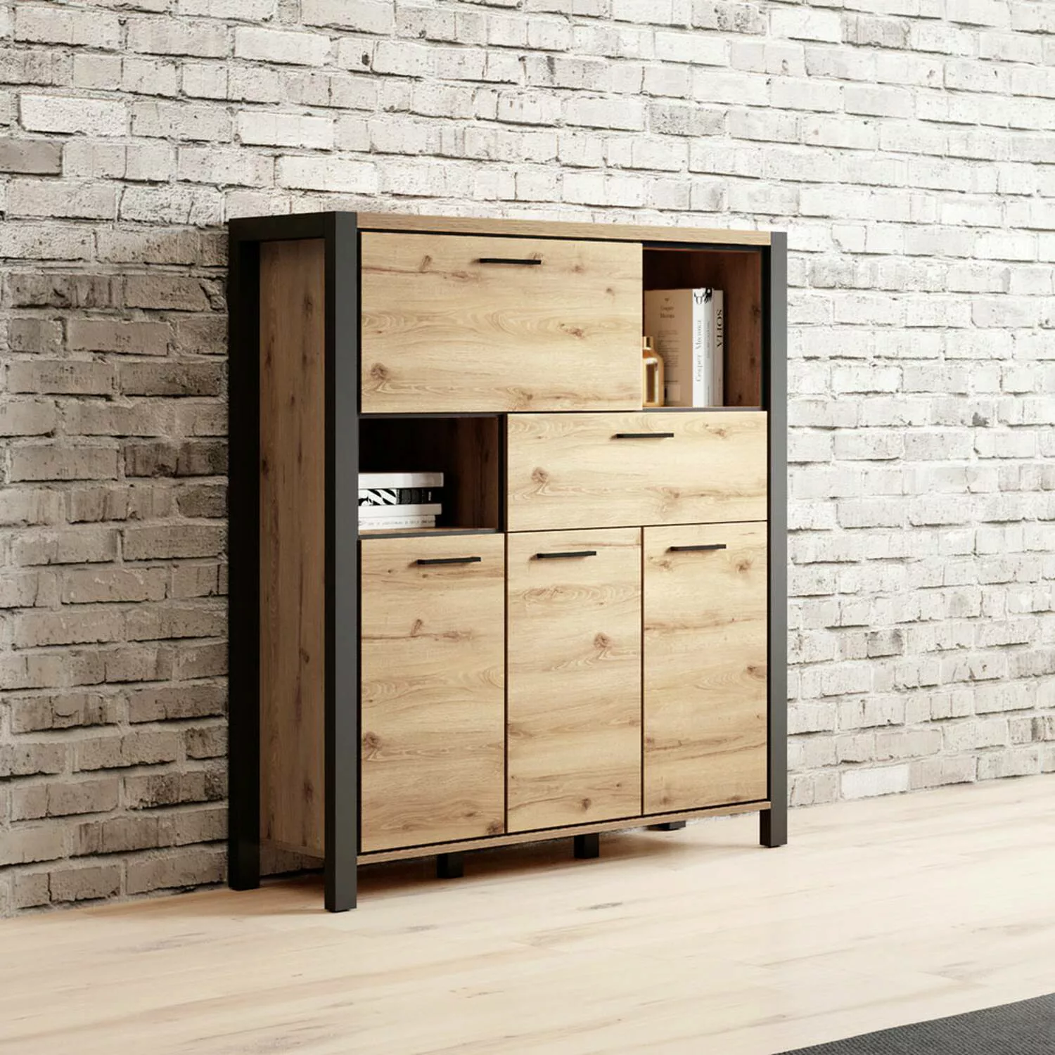 Wohnzimmer Highboard ACCRA-83 in Taurus Eiche Nb. mit LED Beleuchtung, B/H/ günstig online kaufen