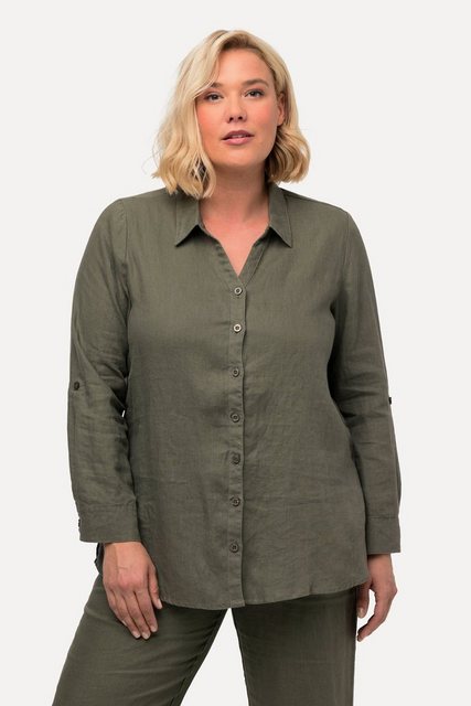 Ulla Popken Hemdbluse Bluse Leinen offener Kragen Langarm günstig online kaufen