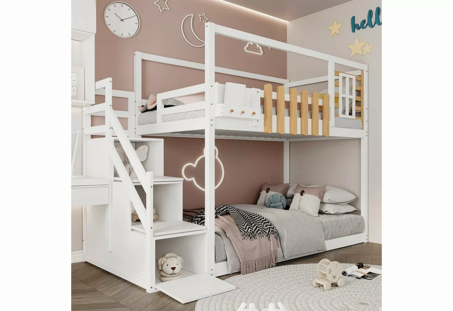 Odikalo Kinderbett Etagenbett Treppe Fenster Schließfächer Regalkasten Kief günstig online kaufen
