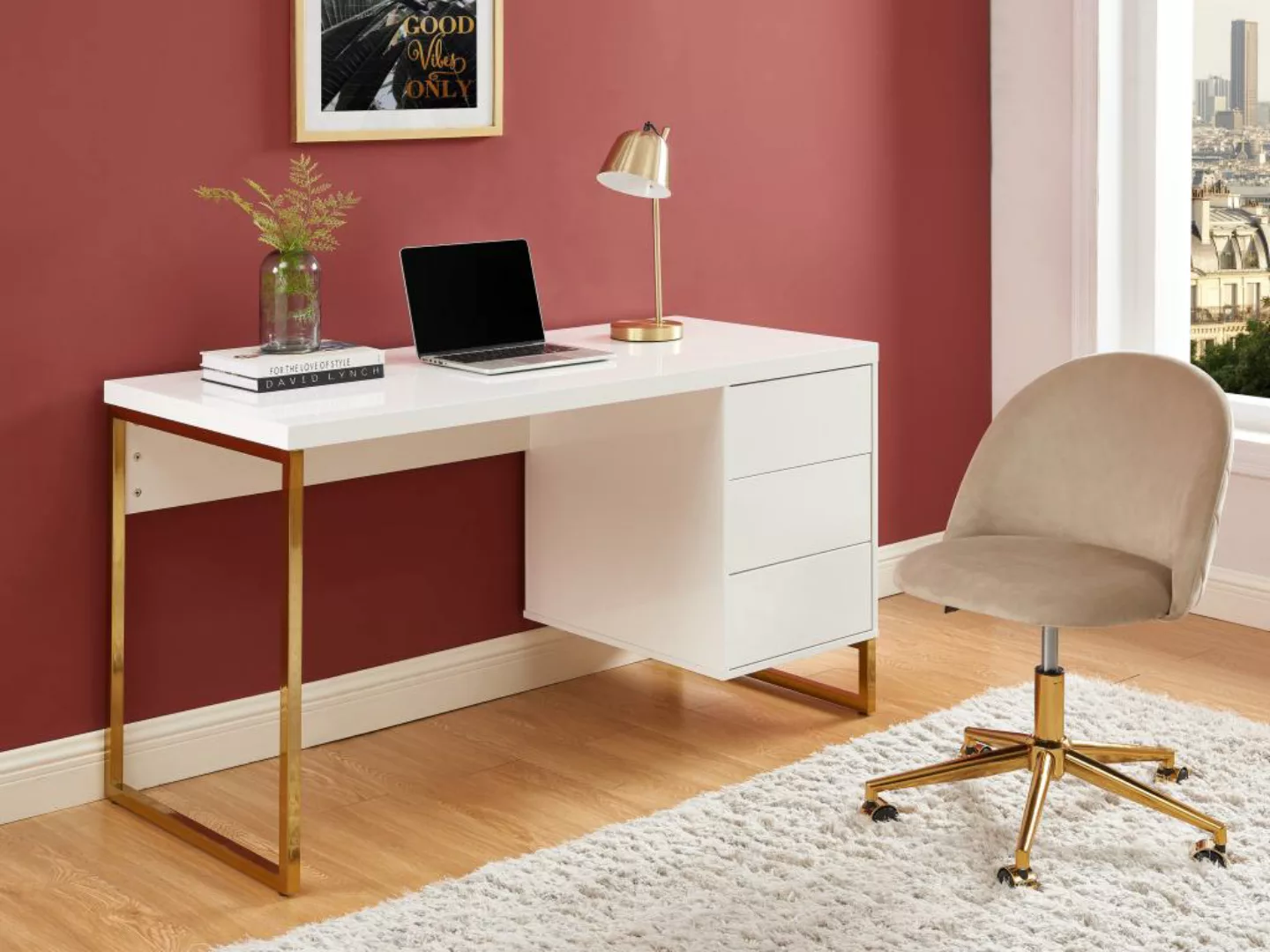 Schreibtisch mit 3 Schubladen - MDF lackiert & Metall - Weiß & Goldfarben - günstig online kaufen