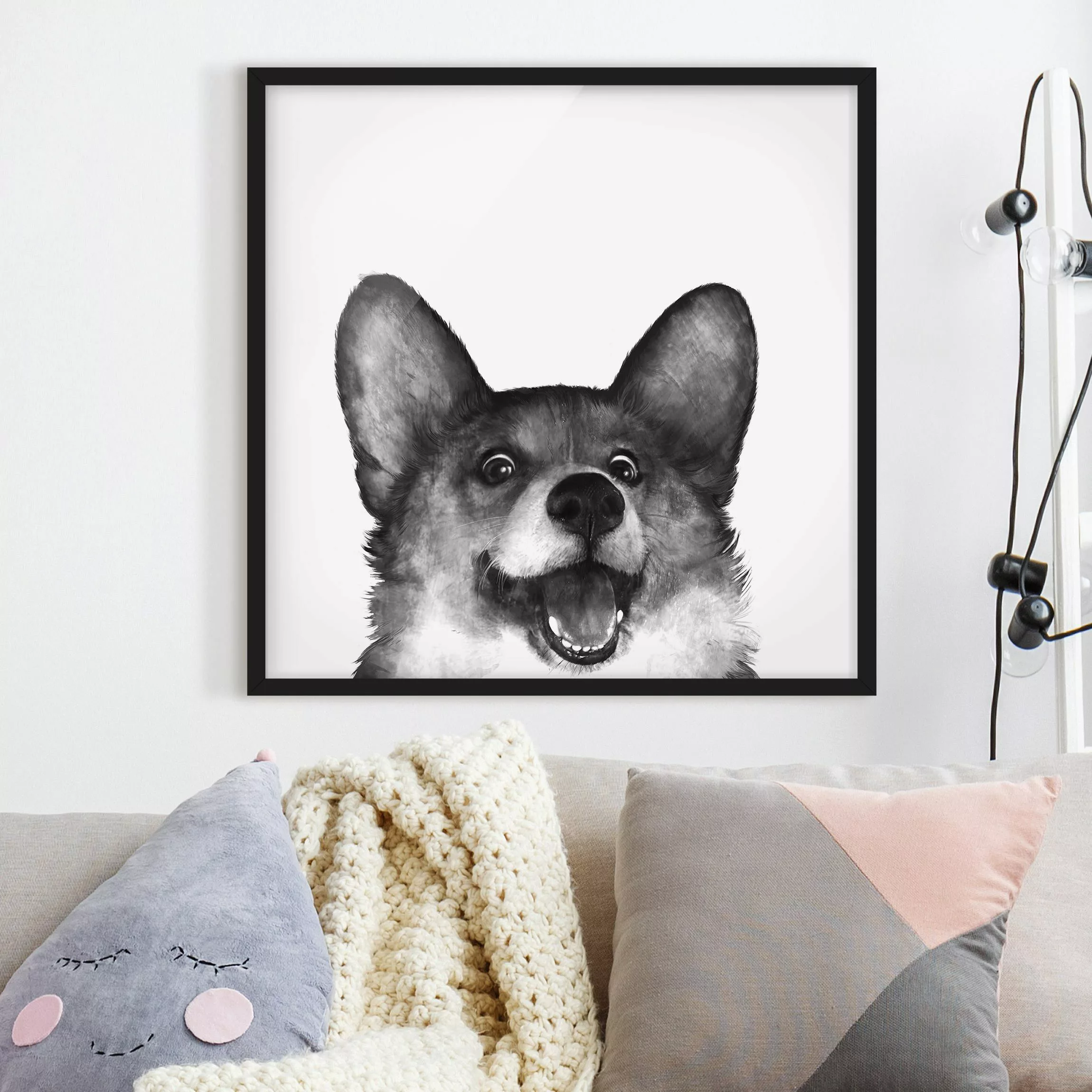 Bild mit Rahmen Tiere - Quadrat Illustration Hund Corgi Weiß Schwarz Malere günstig online kaufen