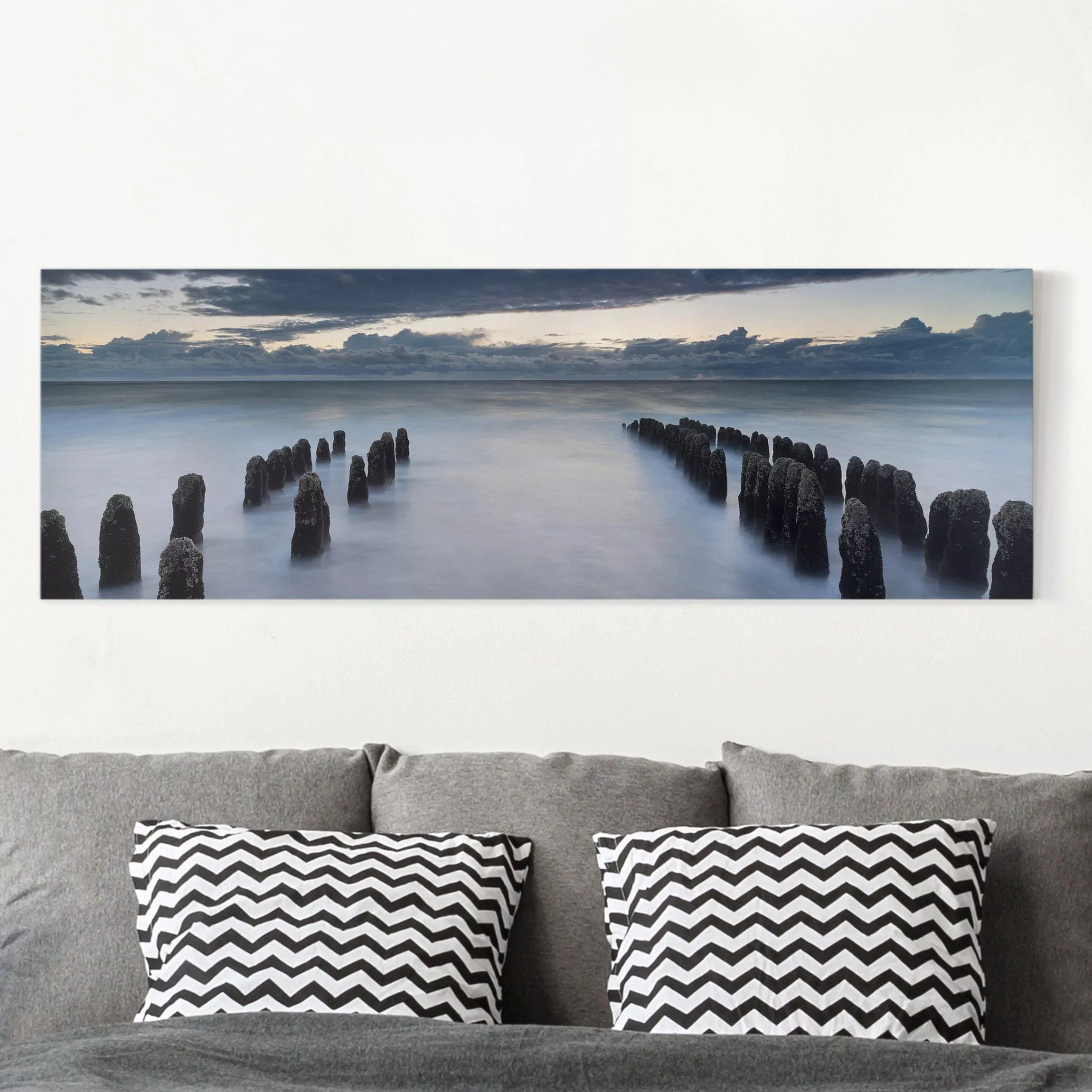 Leinwandbild Strand - Panorama Holzbuhnen in der Nordsee auf Sylt günstig online kaufen