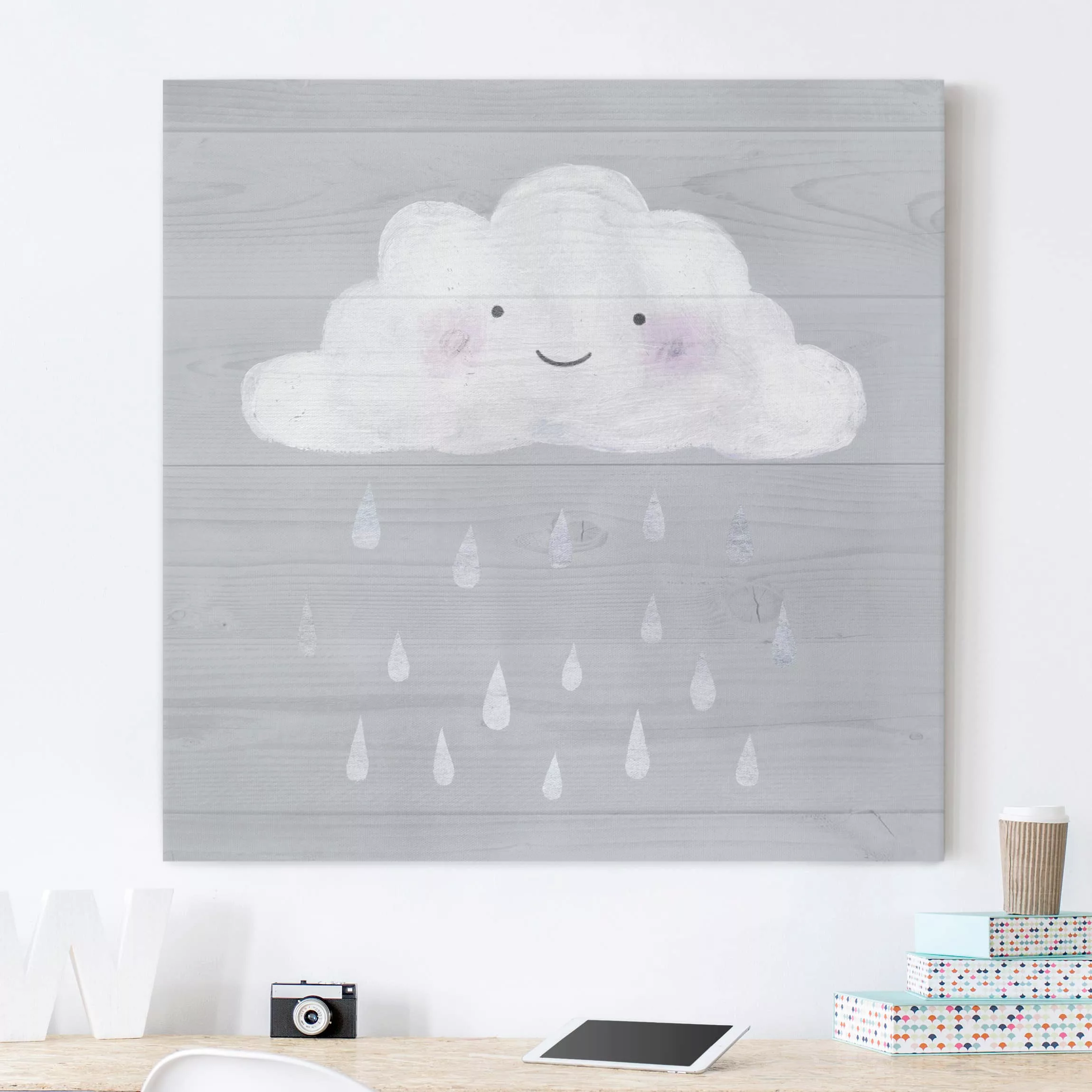 Leinwandbild Kinderzimmer - Quadrat Wolke mit silbernen Regentropfen günstig online kaufen