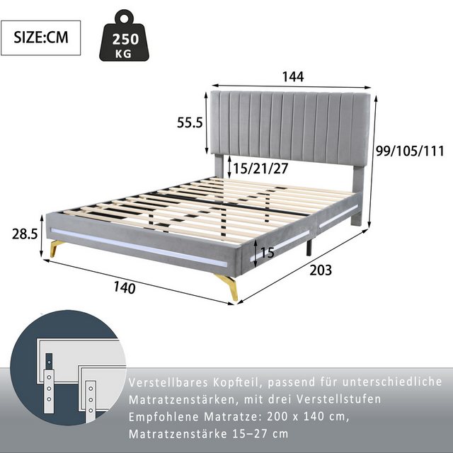 Ulife Polsterbett Doppelbett 140 x 200 cm mit LED-Leuchten, verstellbarem K günstig online kaufen