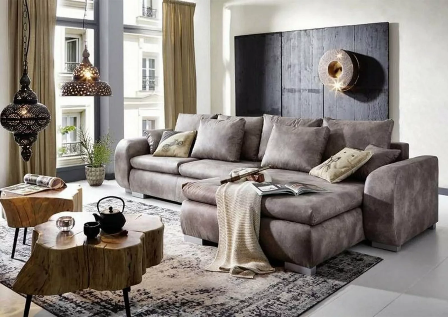 Massivmoebel24 Schlafsofa Wohnlandschaft mit Schlaffunktion 330x178x85 silv günstig online kaufen