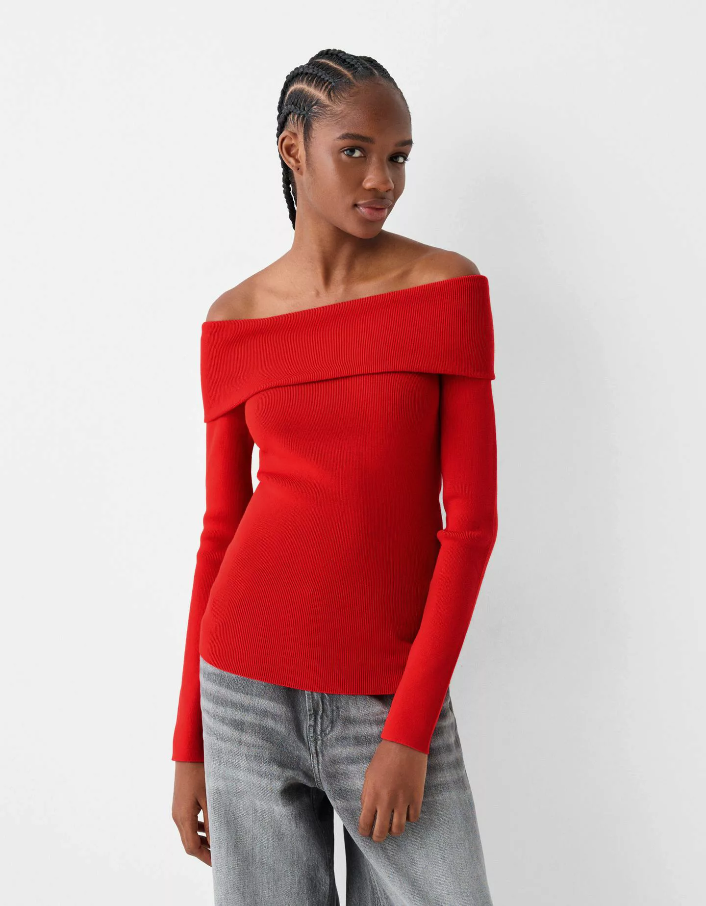 Bershka Pullover Mit Carmen-Ausschnitt Damen S Rot günstig online kaufen