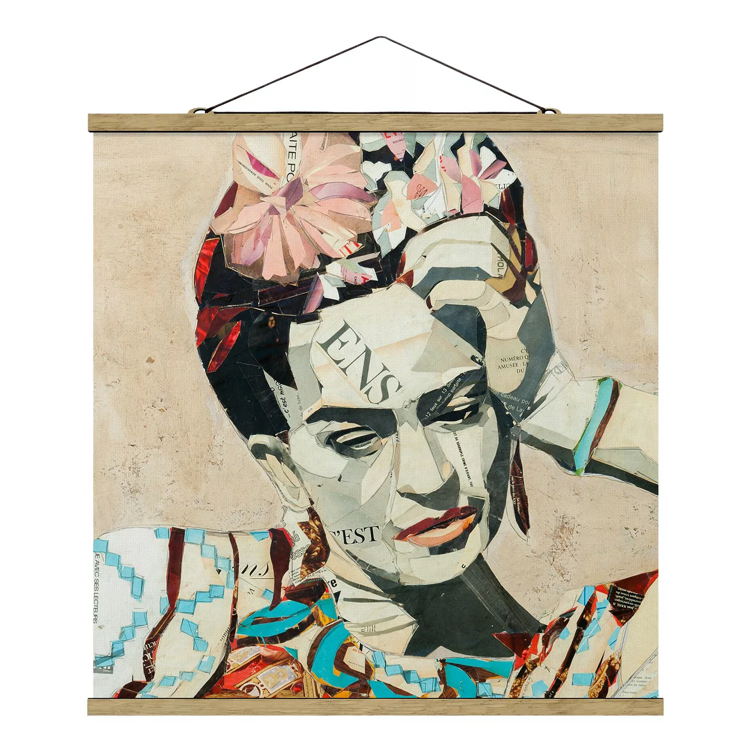 Stoffbild Kunstdruck mit Posterleisten - Quadrat Frida Kahlo - Collage No.1 günstig online kaufen