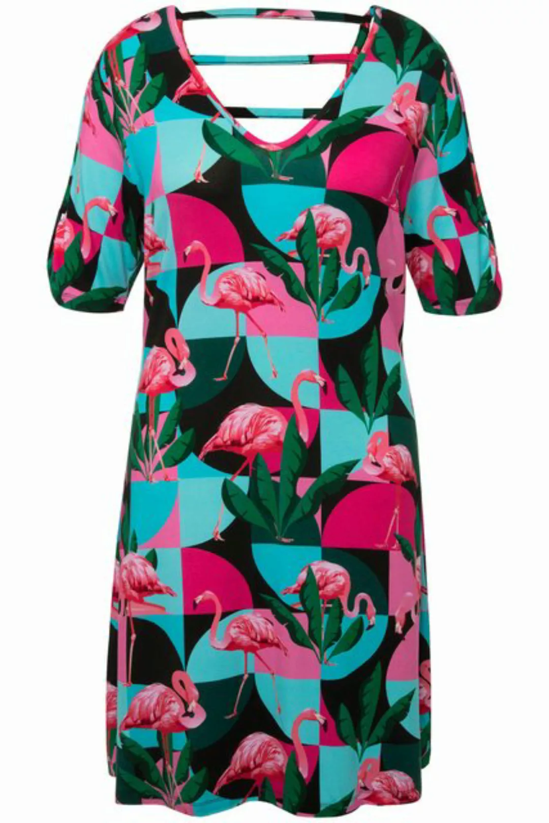 Ulla Popken Sommerkleid Jerseykleid Flamingos A-Linie V-Ausschnitt Halbarm günstig online kaufen