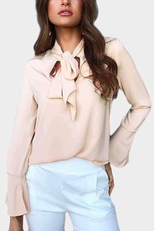 Nude Self-Tie Design Glockenärmel Chiffon Bluse günstig online kaufen