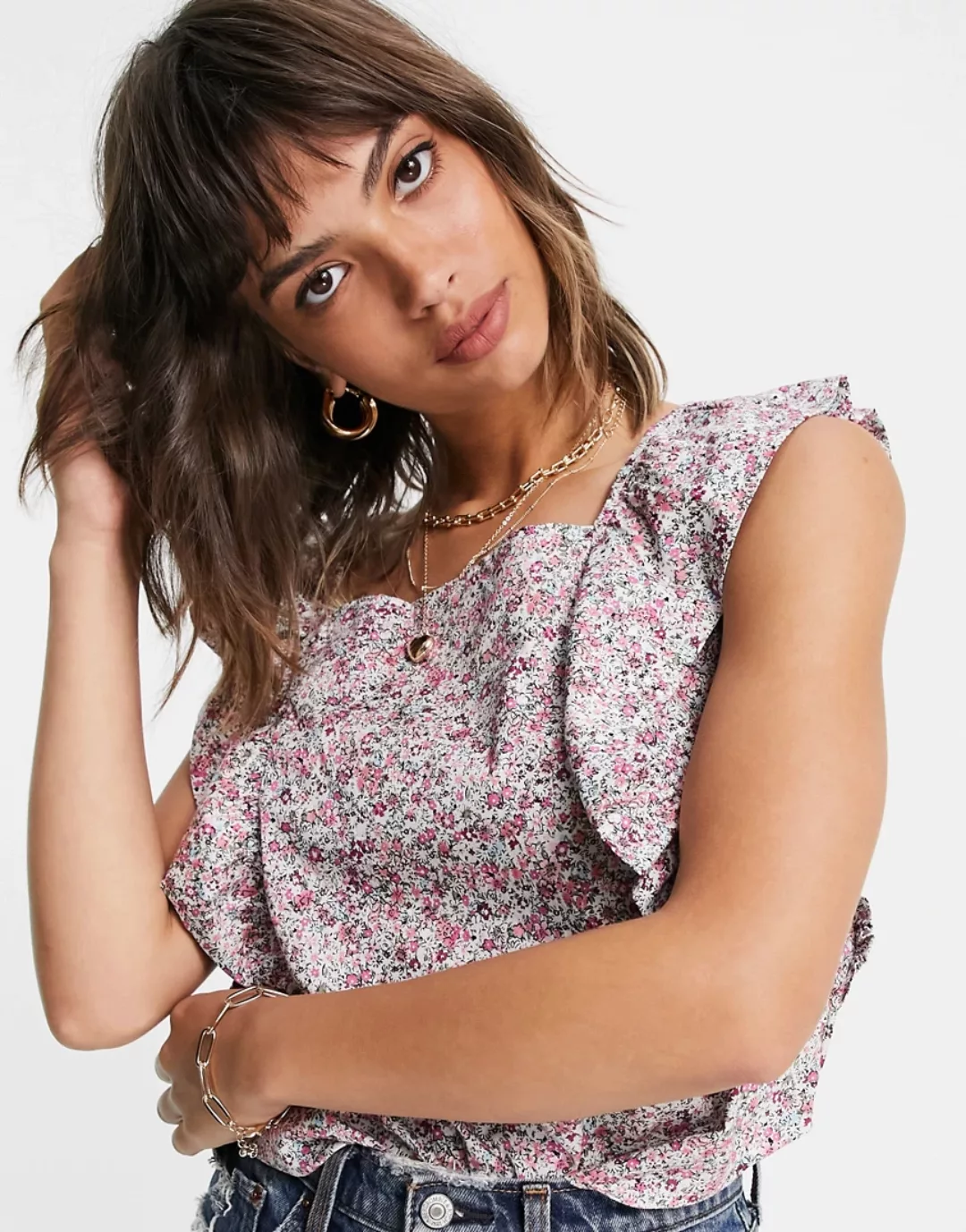 Vila – Ärmellose Bluse mit Rüschen und Blumenprint-Mehrfarbig günstig online kaufen
