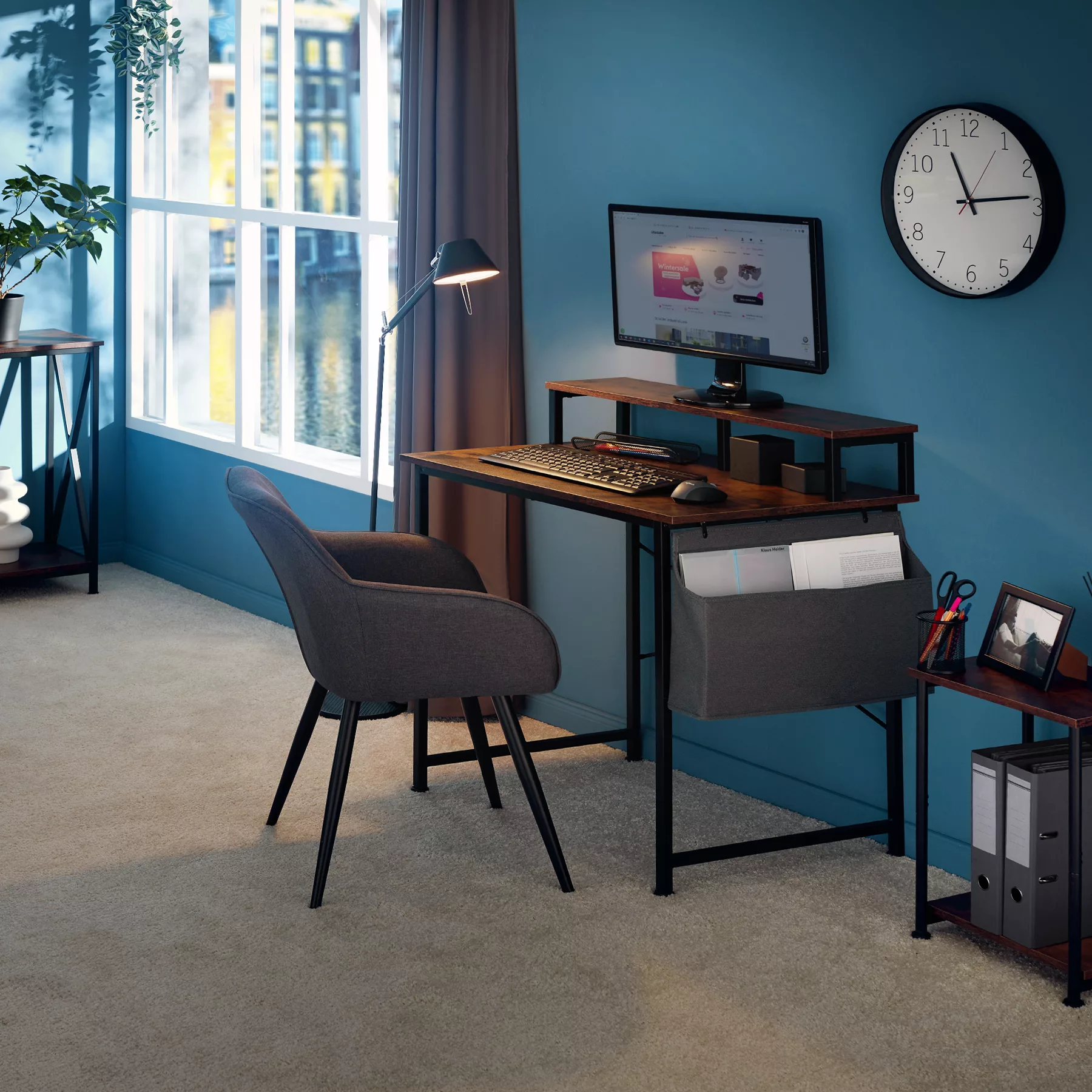 Schreibtisch mit Ablage und Stofftasche - Industrial Holz dunkel, rustikal, günstig online kaufen