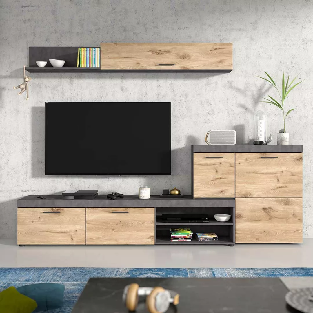 Wohnwand modern in Beton Grau und Wildeiche NB 257 cm breit (dreiteilig) günstig online kaufen