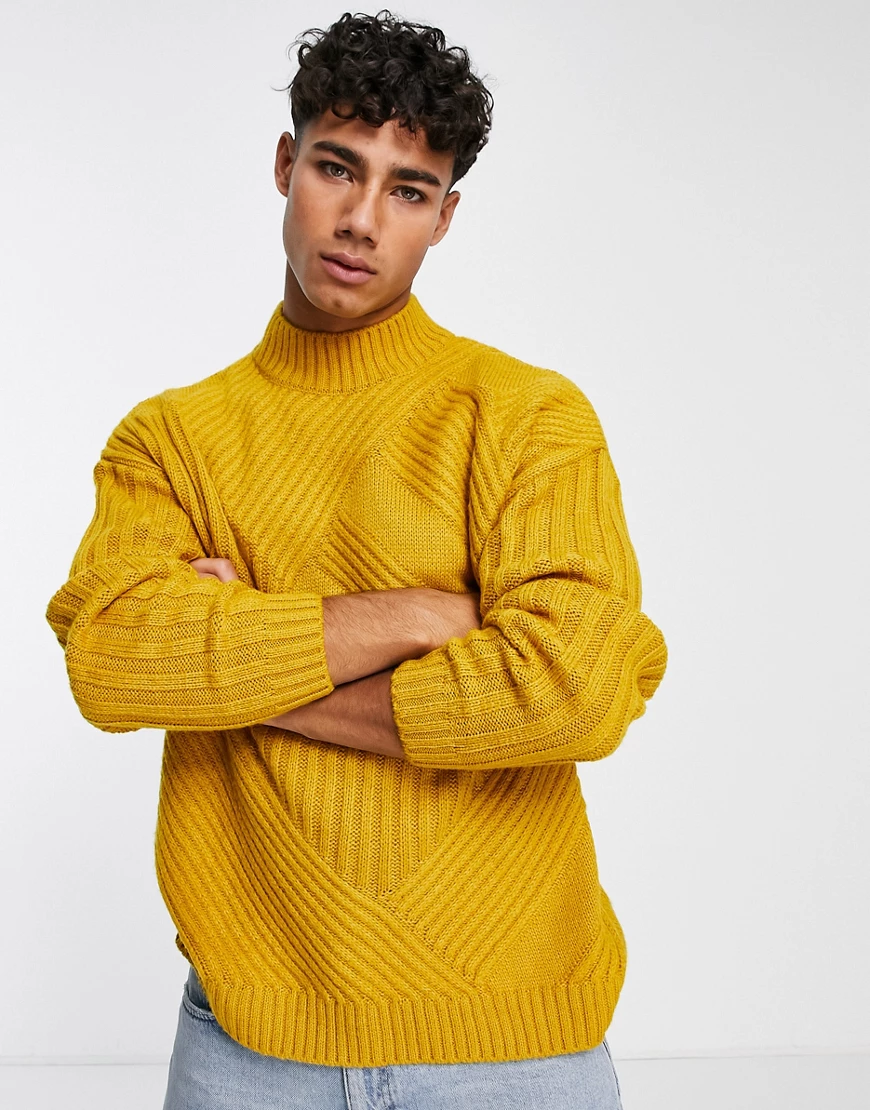 ASOS DESIGN – Oversize-Strickpullover in Senfgelb mit Stehkragen und Rippen günstig online kaufen