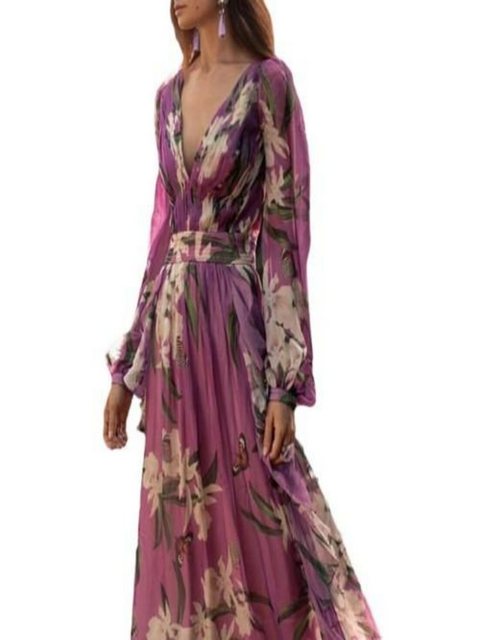 KIKI Abendkleid Modisches Kleid, langärmliges bedrucktes Kleid mit V-Aussch günstig online kaufen