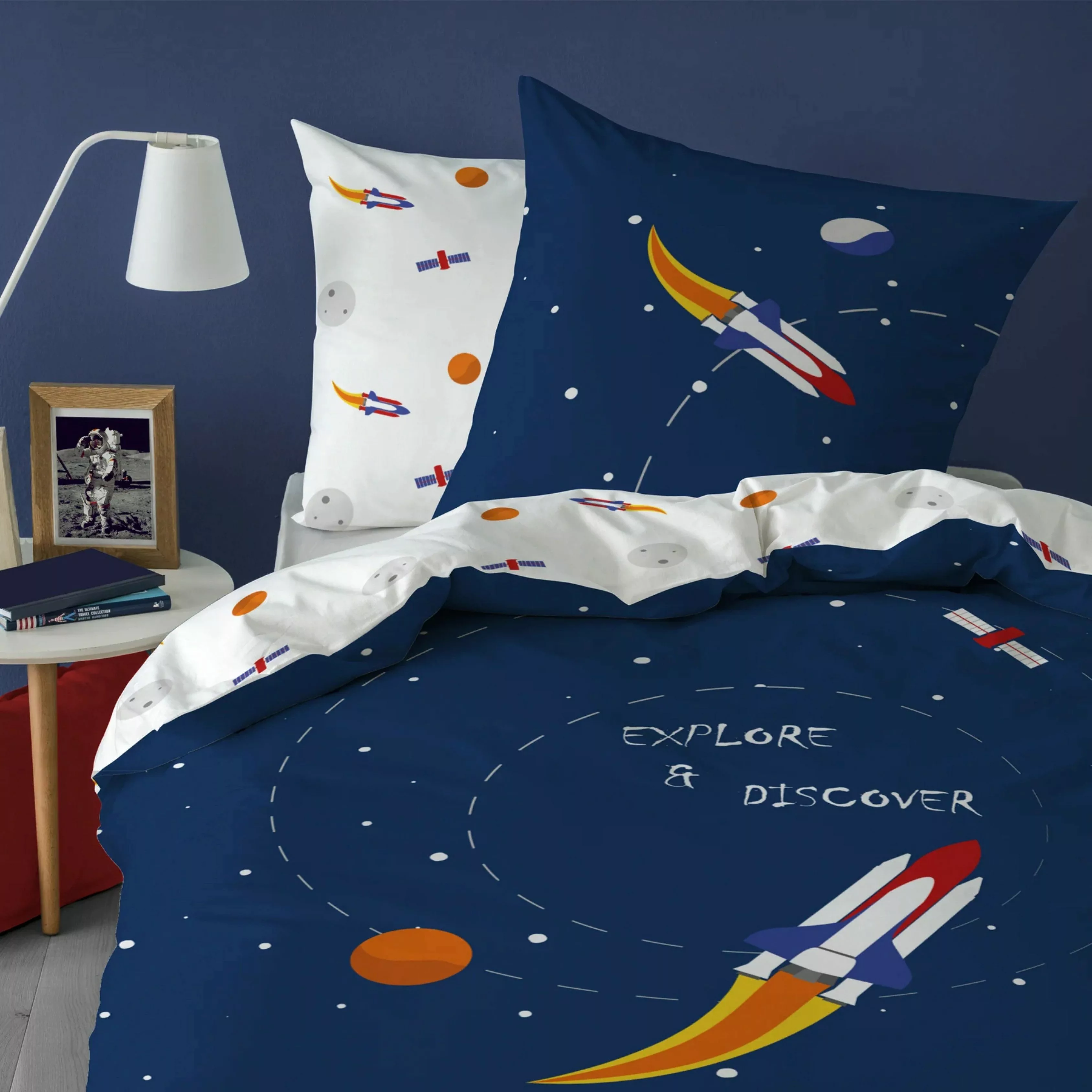 MTOnlinehandel Kinderbettwäsche Rakete Planeten Weltall 135x200 günstig online kaufen