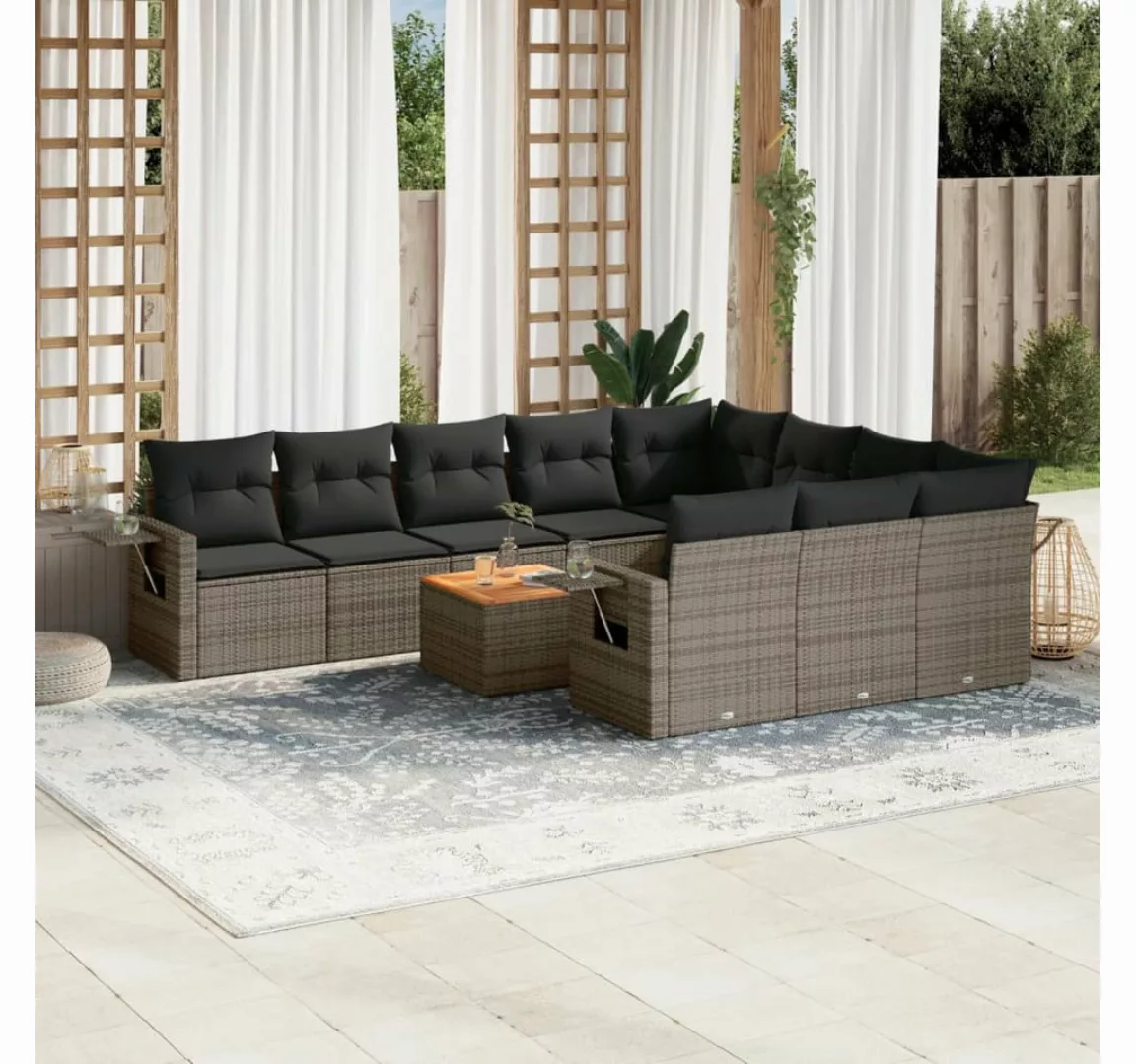 vidaXL Loungesofa 11-tlg. Garten-Sofagarnitur mit Kissen Grau Poly Rattan günstig online kaufen