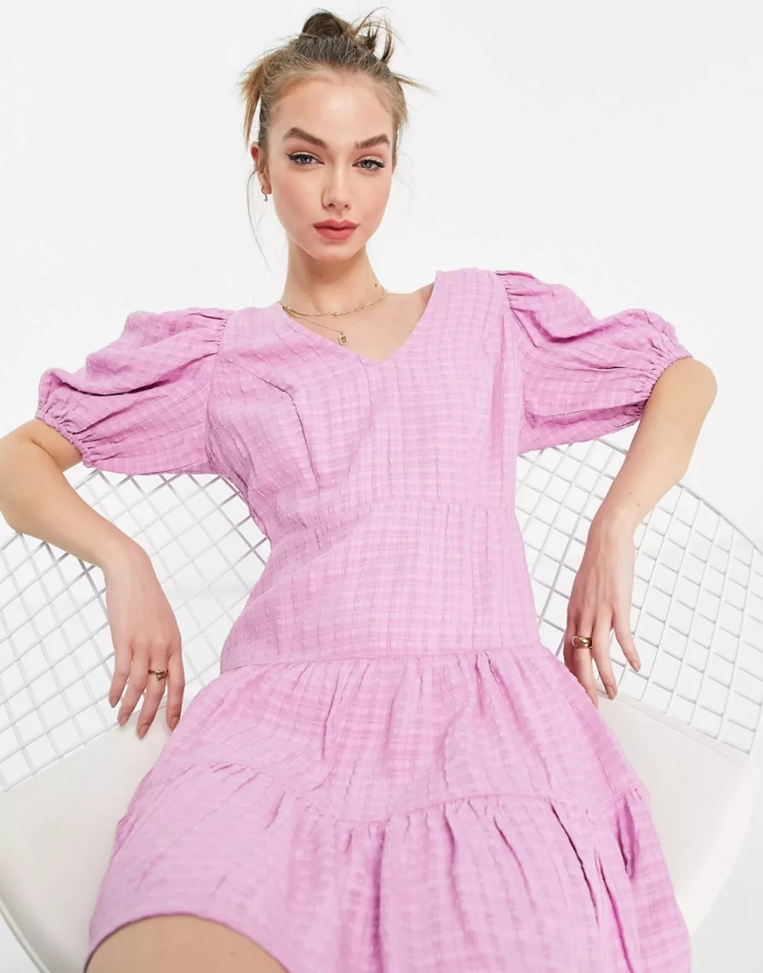 French Connection – Birch – Kleid mit Puffärmeln und Vichy-Karo in Lavendel günstig online kaufen