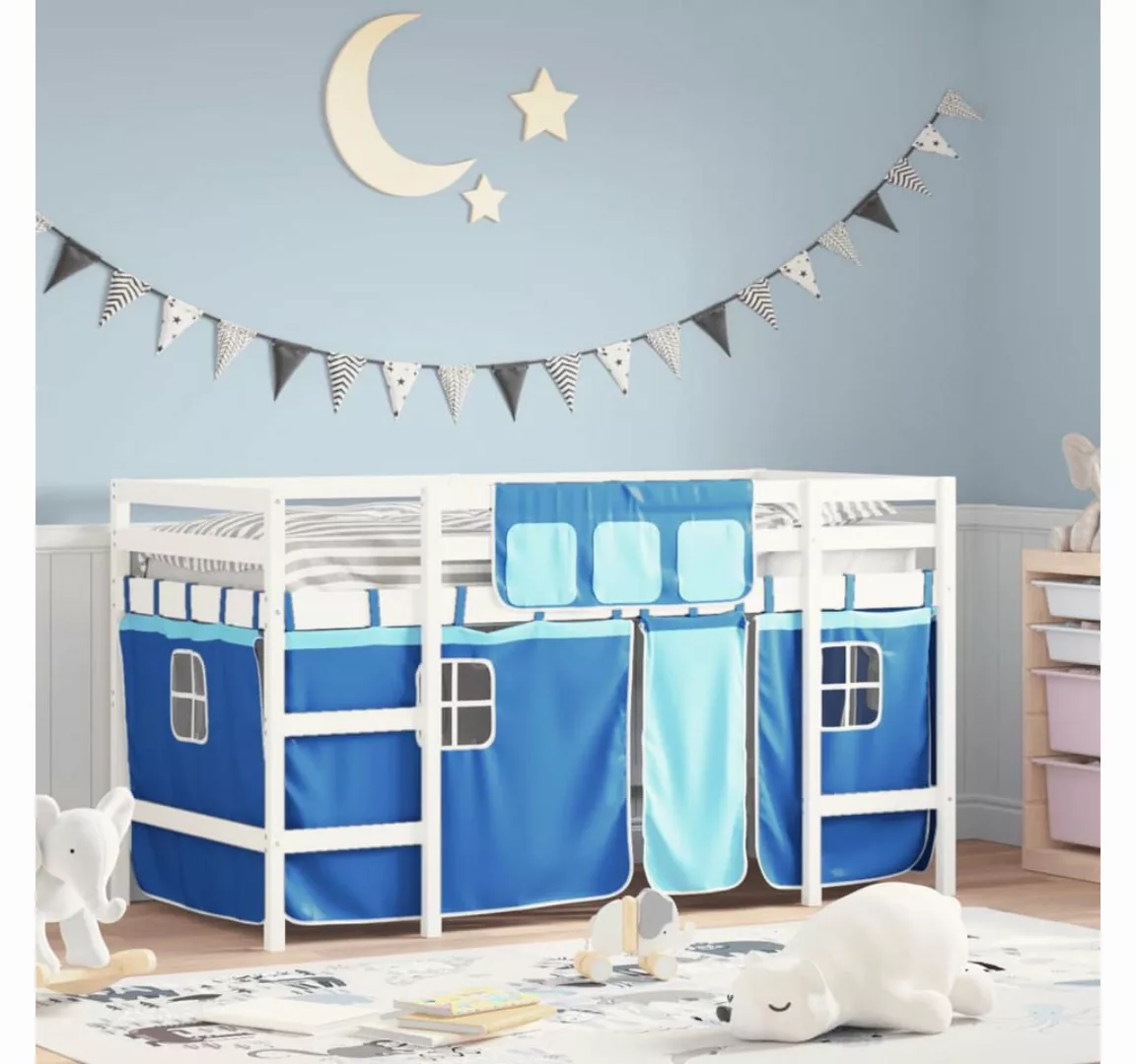 vidaXL Kinderbett Kinderhochbett mit Vorhängen Blau 90x190 cm Massivholz Ki günstig online kaufen