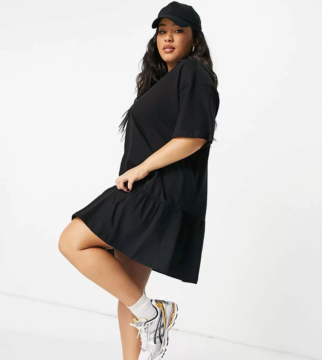 ASOS DESIGN Curve – Oversize-T-Shirt-Kleid mit Volantsaum in Schwarz günstig online kaufen