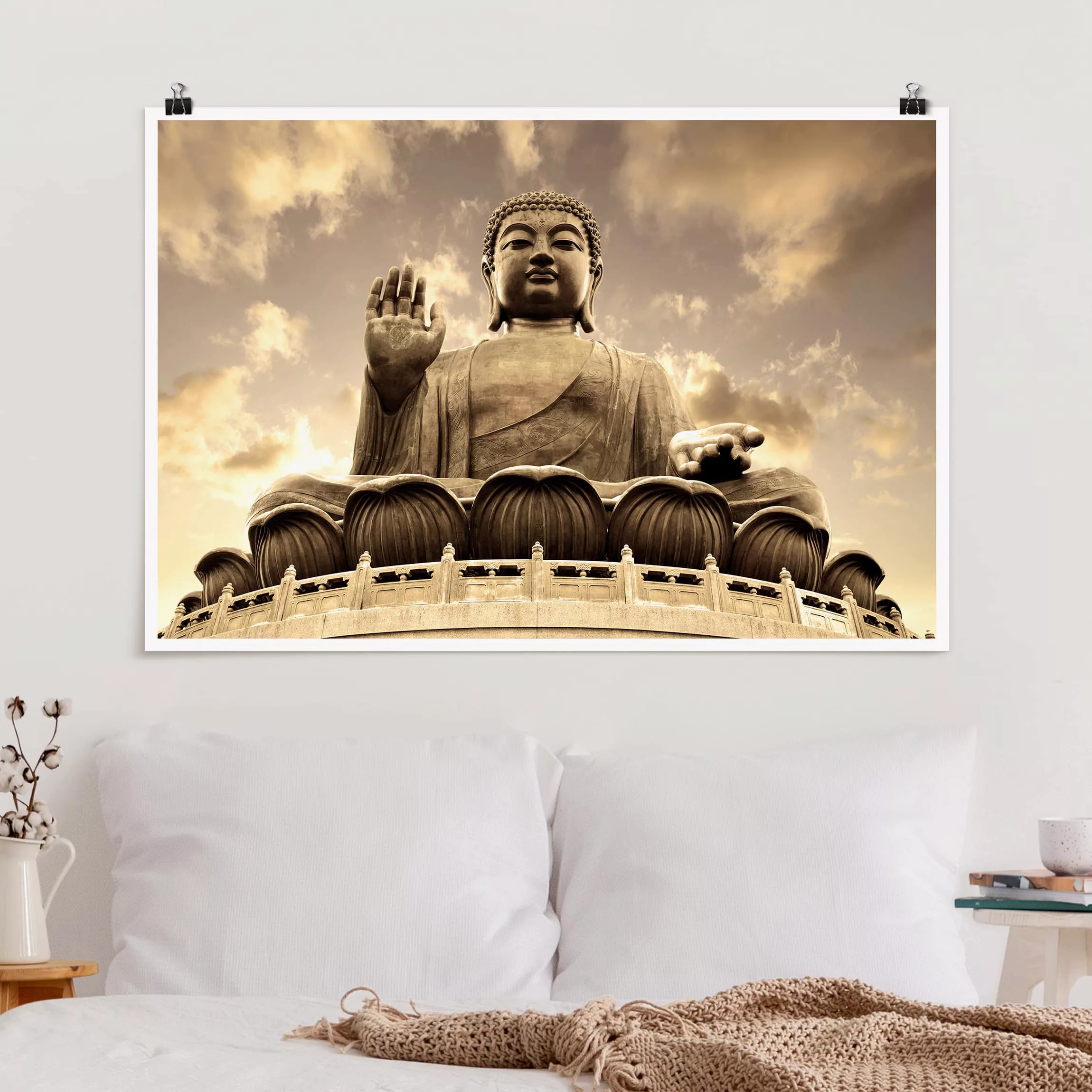 Poster Schwarz-Weiß - Querformat Großer Buddha Sepia günstig online kaufen