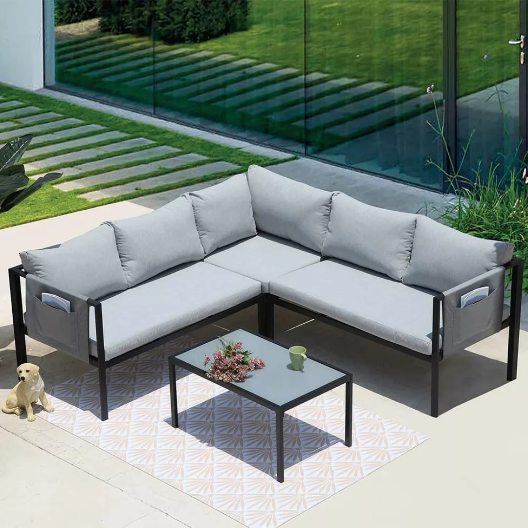 Lounge Outdoor Ecksofa in Grau und Schwarz inklusive Tisch (zweiteilig) günstig online kaufen