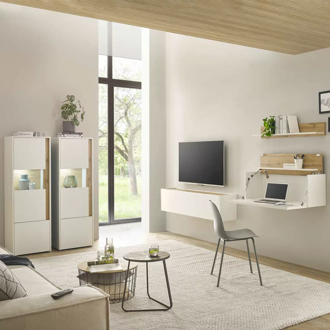 TV Wohnwand mit Schreibtisch Schrank Weiß und Wildeichefarben (fünfteilig) günstig online kaufen