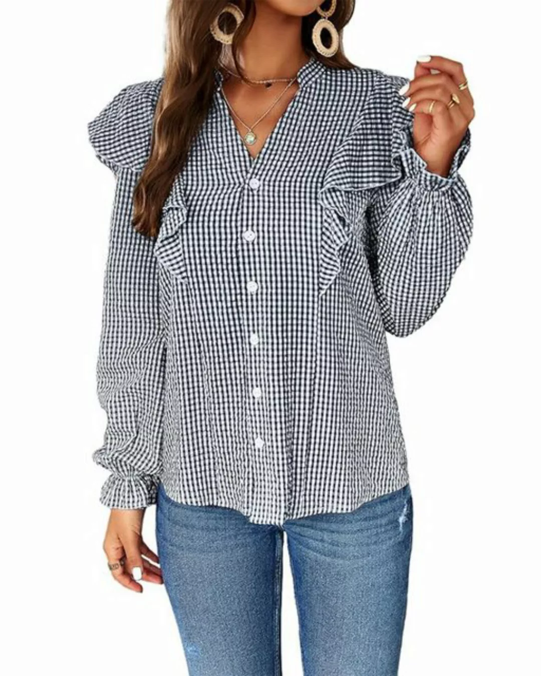 B.X Blusentop Frauen Plaid Shirt geraffte V-Ausschnitt Langarmhemd Rüschenb günstig online kaufen