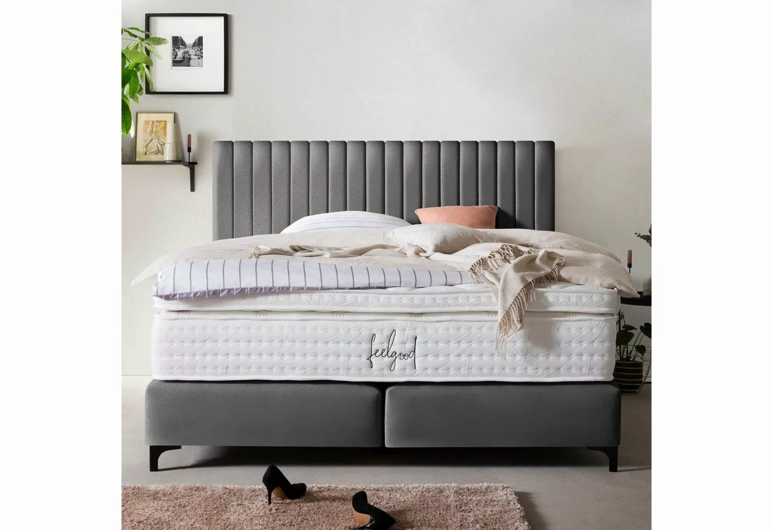 BettCo Boxspringbett Paris (in Dunkelgrau Samt), Pfeifensteppung Design + o günstig online kaufen