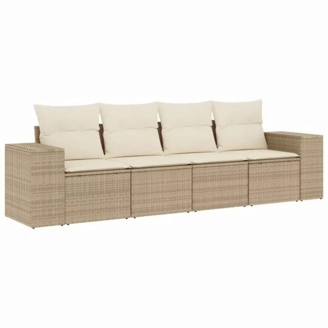 vidaXL Loungesofa 4-tlg. Garten-Sofagarnitur mit Kissen Beige Poly Rattan, günstig online kaufen