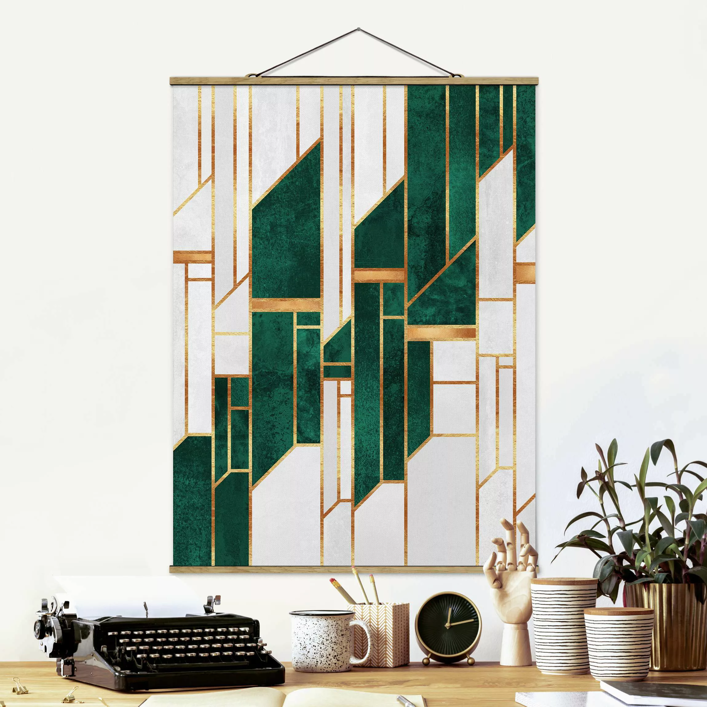 Stoffbild mit Posterleisten Emerald und Gold Geometrie günstig online kaufen