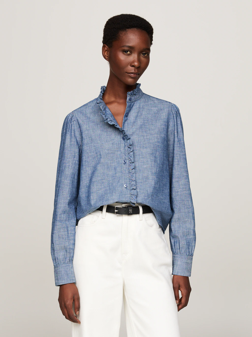 Tommy Hilfiger Shirtbluse CHAMBRAY RUFFLE RELAXED SHIRT mit Rüsche, Cahmbra günstig online kaufen