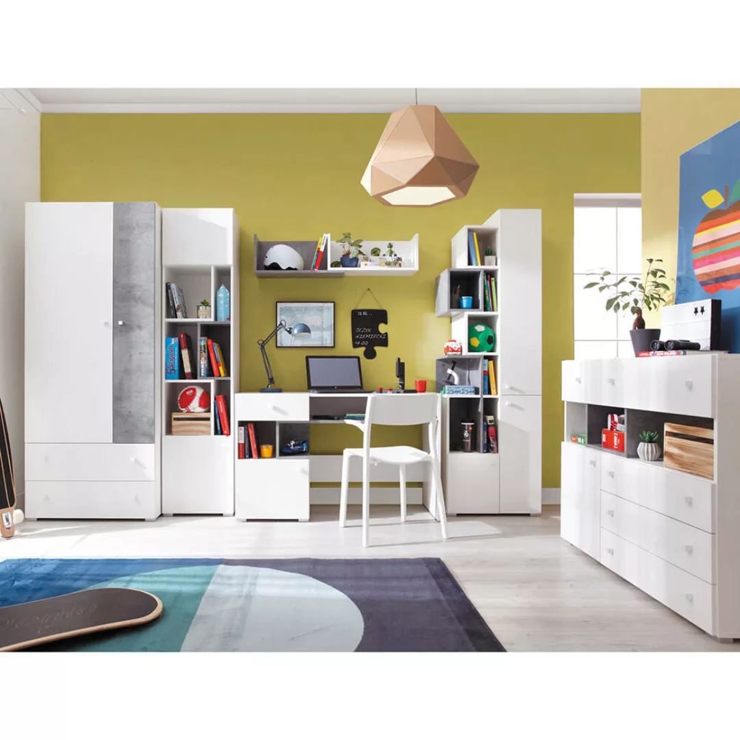 Jugendzimmer Set 6-teilig SEATTLE-133 mit Schreibtisch in Beton und weiß günstig online kaufen
