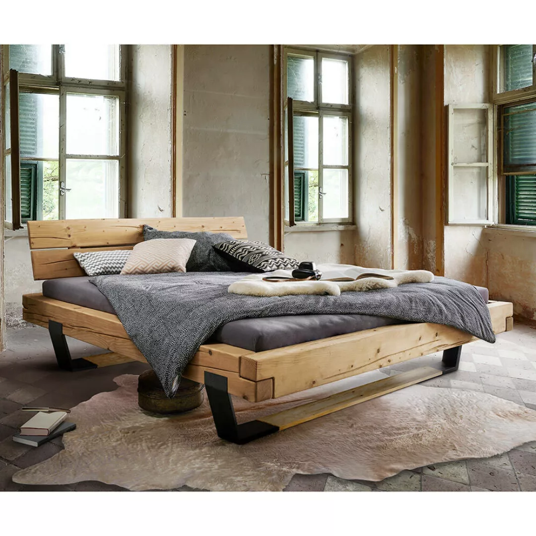 Massivholz Doppelbett, 140x200 cm, Fichte massiv, Holzkopfteil, schwarze Me günstig online kaufen