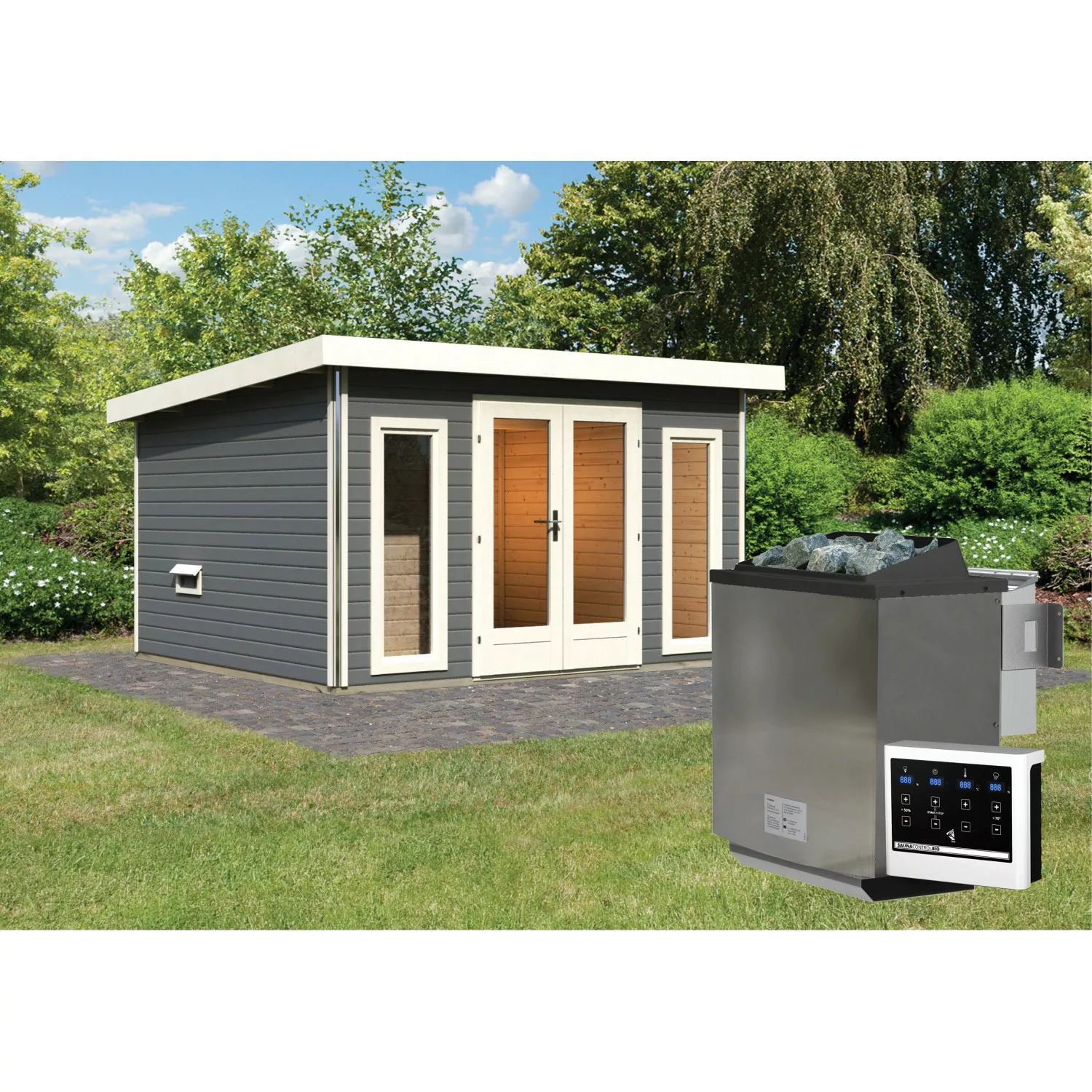 Saunahaus Magnus 2-Set A Terragrau inkl. Ofen 9 kW Bio ext. Strg. günstig online kaufen