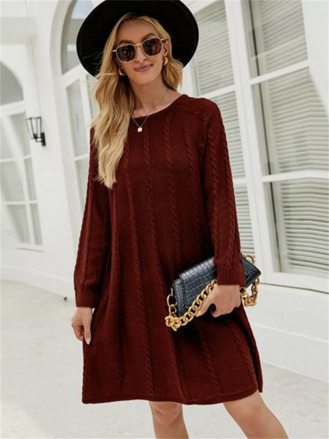 RUZU UG Dirndl Damen Pulloverkleid Einfarbiger Strickkleid in A-Linie Langa günstig online kaufen