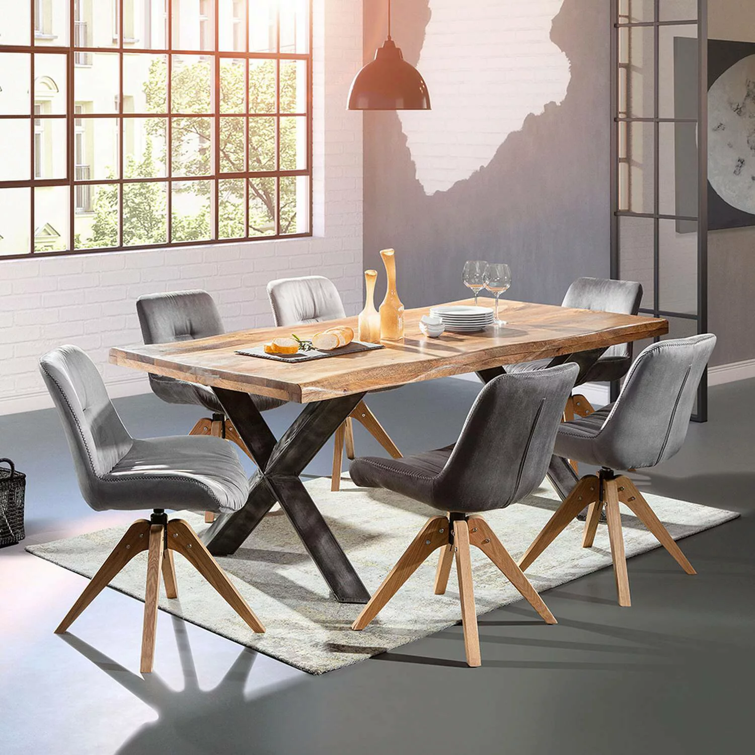 Essplatzgruppe Massivholz Esstisch 240 cm mit 6 Stühlen TARRAS-123 Tisch mi günstig online kaufen