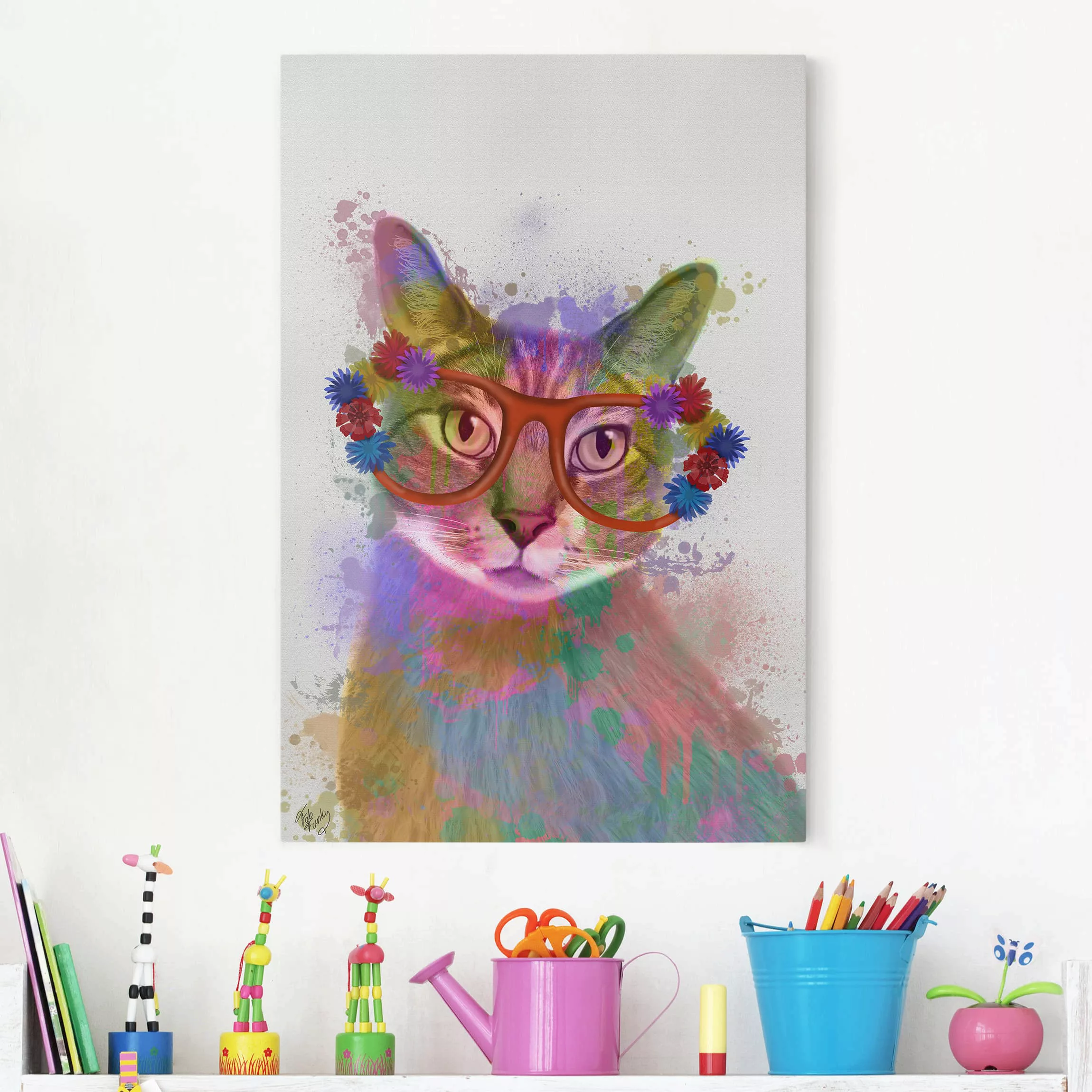 Leinwandbild Kinderzimmer - Hochformat Regenbogen Splash Katze günstig online kaufen