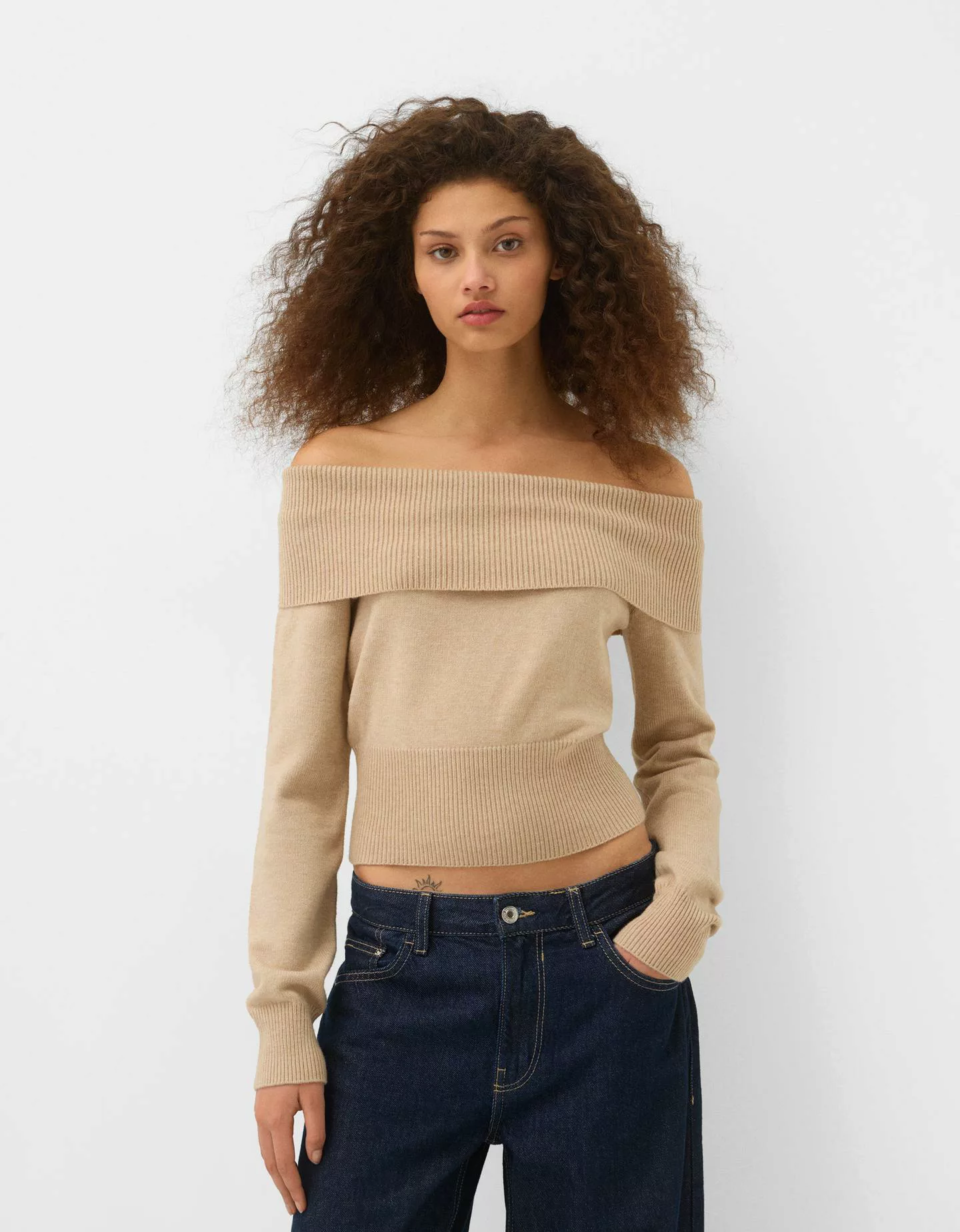 Bershka Pullover Mit Carmen-Ausschnitt Damen Xs Sandfarbe günstig online kaufen