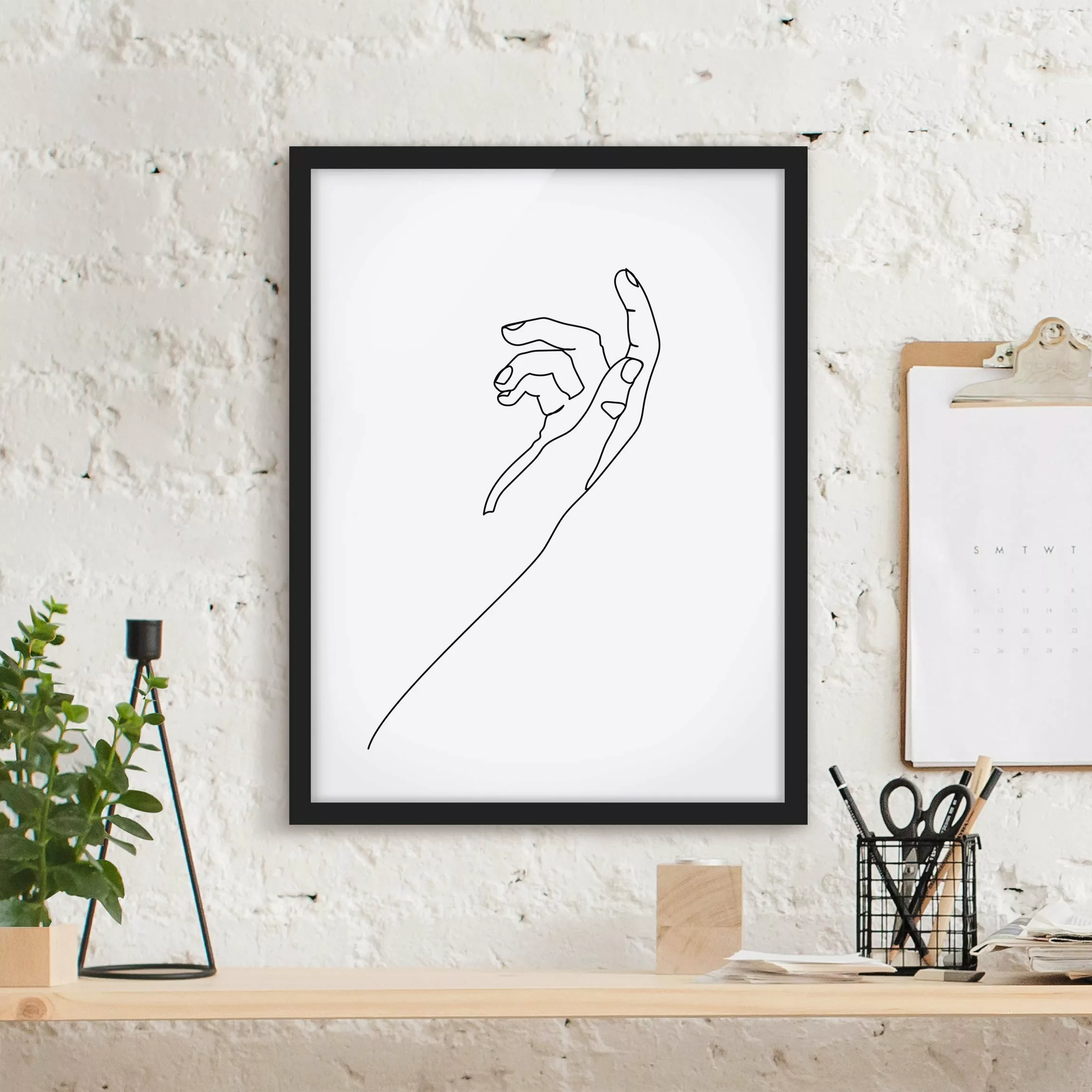 Bild mit Rahmen Schwarz-Weiß - Hochformat Fragende Hand Line Art günstig online kaufen