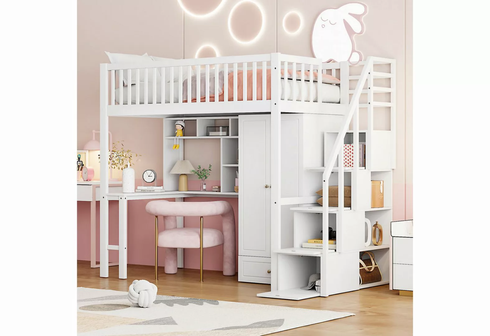 REDOM Kinderbett mit großem Kleiderschrank Regal und Tisch (Stauraum Treppe günstig online kaufen