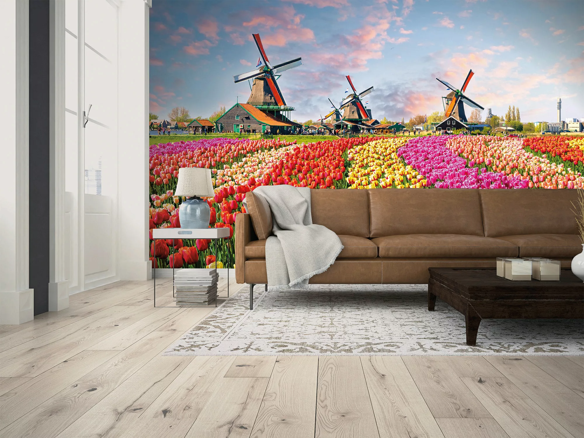 Fototapete Windmühle Tulpenfeld Bunt 3,50 m x 2,55 m FSC® günstig online kaufen